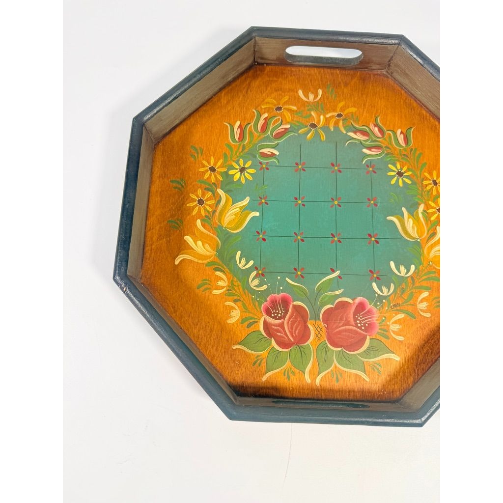Folk Art Wooden Handled Serving Tray Hand Painted Floral Vintage Country Primitive Farmhouse Signed Wood Granny Core Gallery Wall Platter
