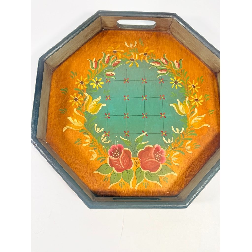 Folk Art Wooden Handled Serving Tray Hand Painted Floral Vintage Country Primitive Farmhouse Signed Wood Granny Core Gallery Wall Platter