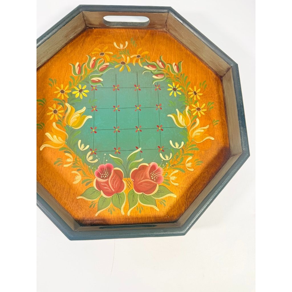 Folk Art Wooden Handled Serving Tray Hand Painted Floral Vintage Country Primitive Farmhouse Signed Wood Granny Core Gallery Wall Platter