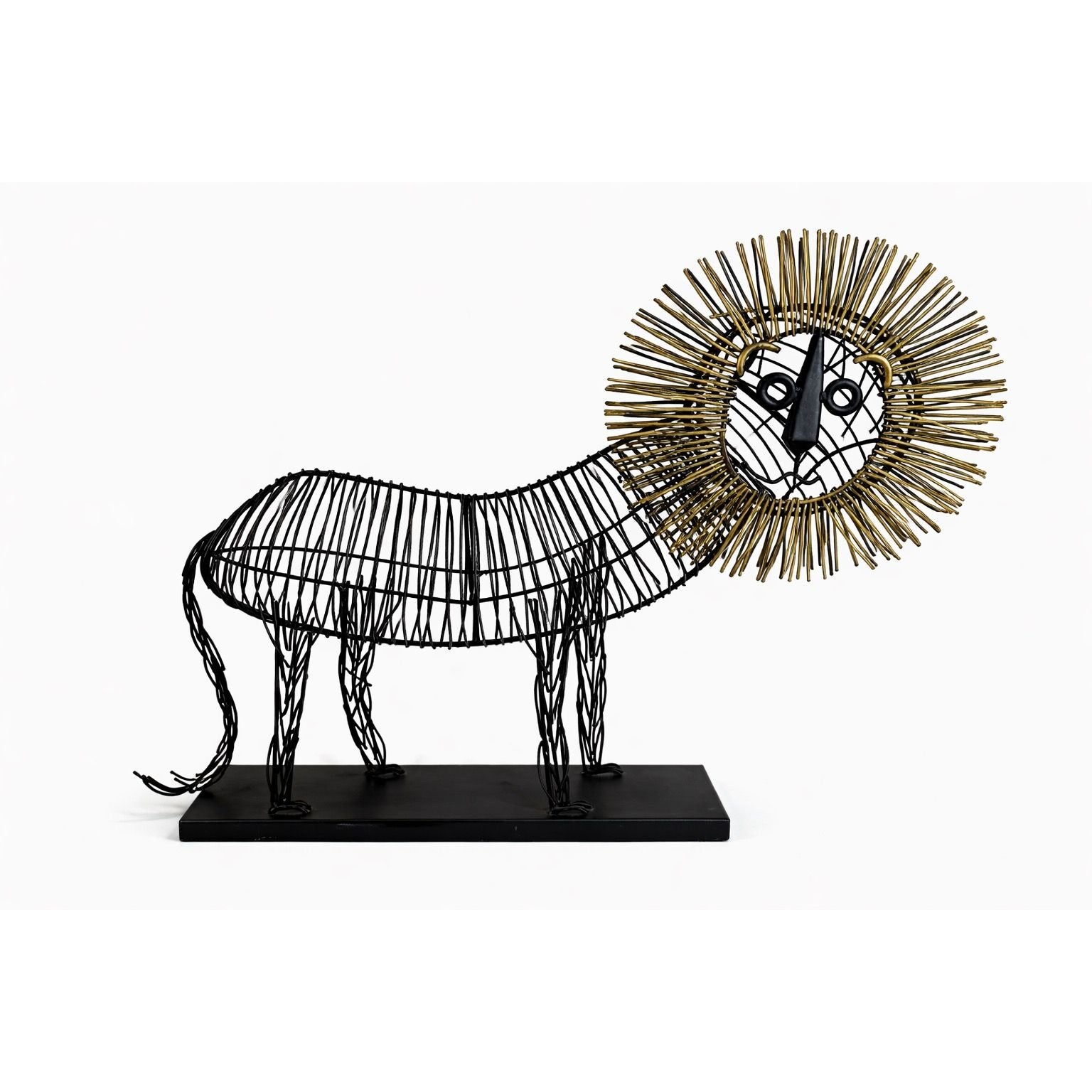 Metal Wire Lion Art Sculpture Curtis Jere Mid Century Style Pier 1 Modernist Statement Home Decor Decorative Accent Black Gold Brutalist