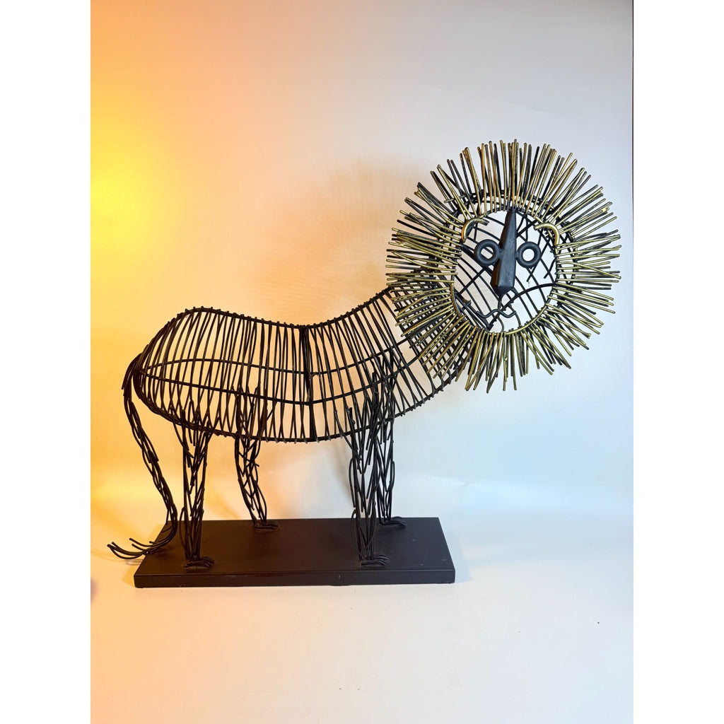 Metal Wire Lion Art Sculpture Curtis Jere Mid Century Style Pier 1 Modernist Statement Home Decor Decorative Accent Black Gold Brutalist