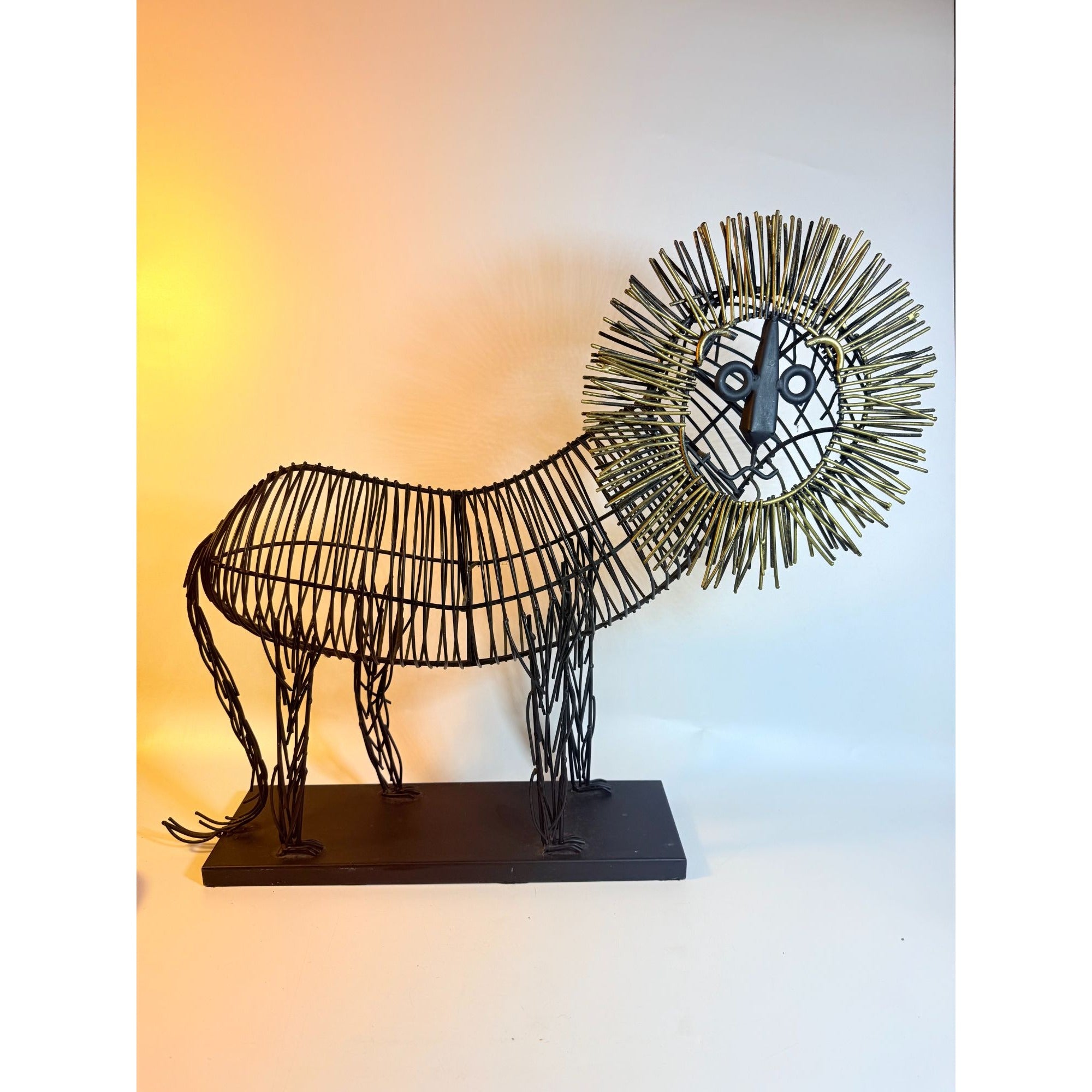 Metal Wire Lion Art Sculpture Curtis Jere Mid Century Style Pier 1 Modernist Statement Home Decor Decorative Accent Black Gold Brutalist