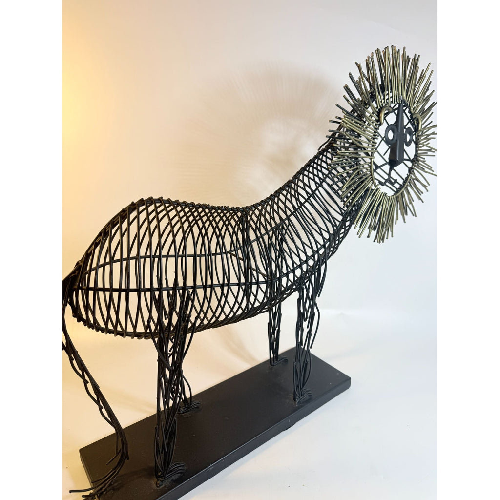 Metal Wire Lion Art Sculpture Curtis Jere Mid Century Style Pier 1 Modernist Statement Home Decor Decorative Accent Black Gold Brutalist