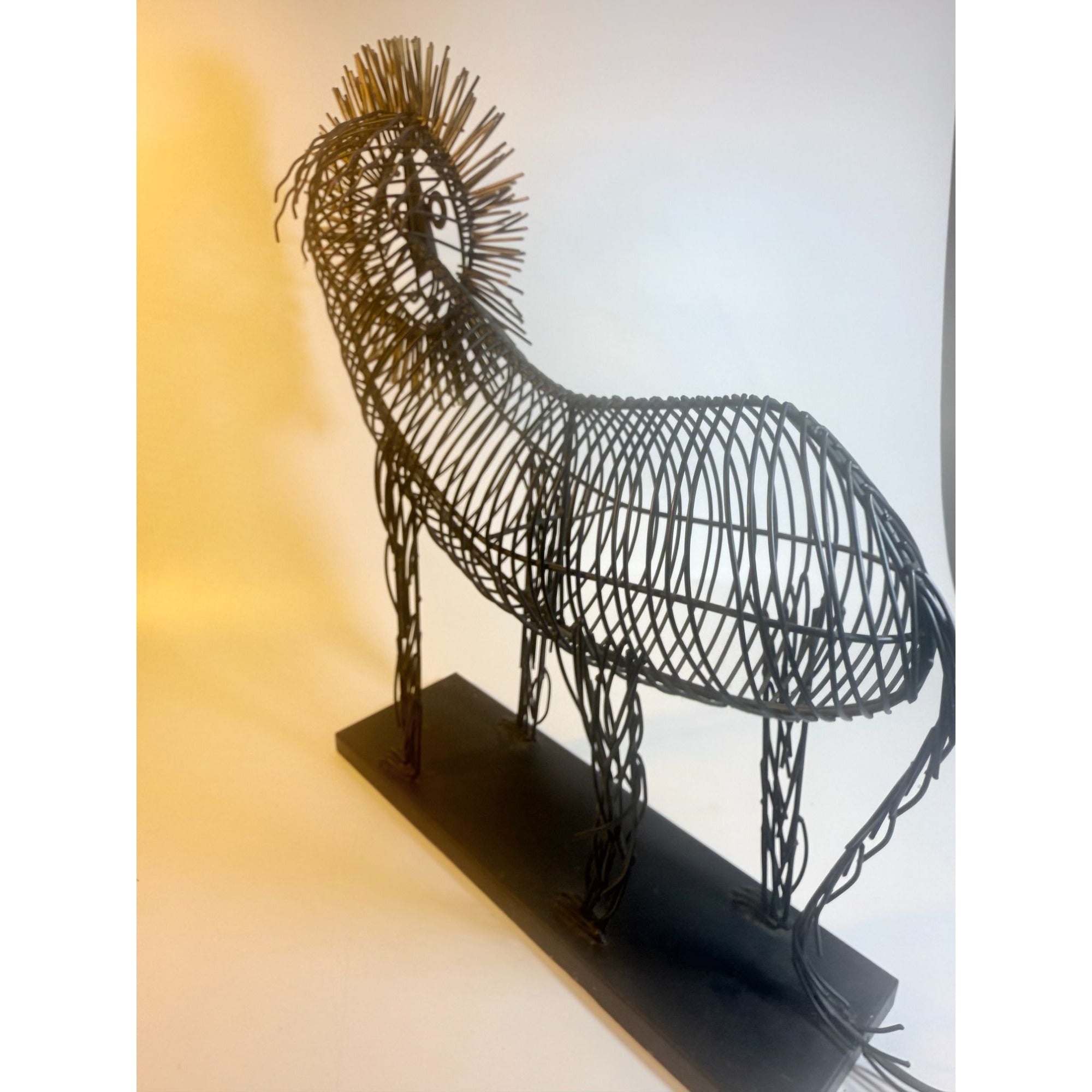 Metal Wire Lion Art Sculpture Curtis Jere Mid Century Style Pier 1 Modernist Statement Home Decor Decorative Accent Black Gold Brutalist