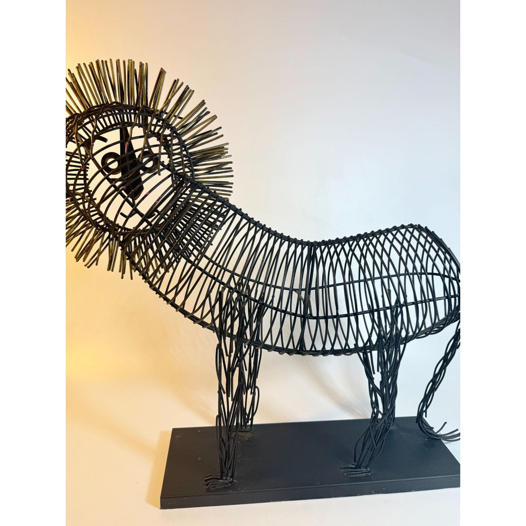 Metal Wire Lion Art Sculpture Curtis Jere Mid Century Style Pier 1 Modernist Statement Home Decor Decorative Accent Black Gold Brutalist