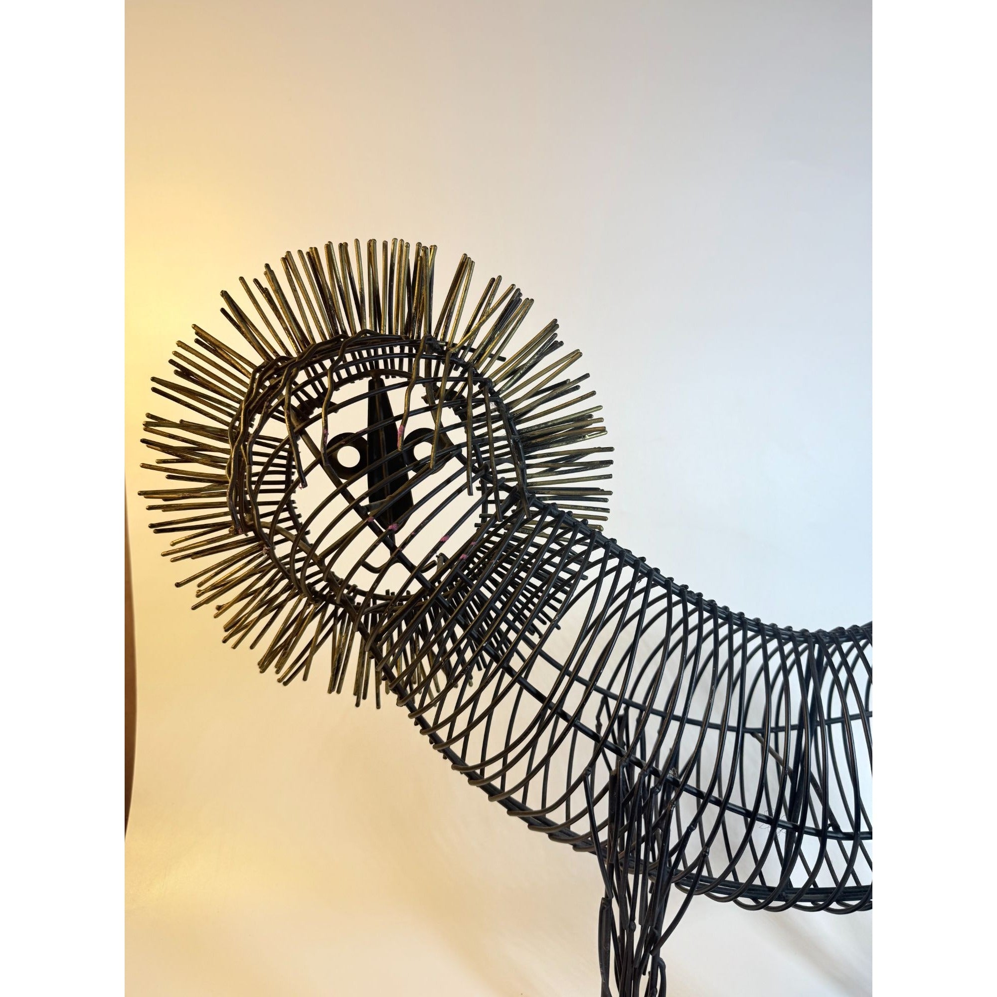 Metal Wire Lion Art Sculpture Curtis Jere Mid Century Style Pier 1 Modernist Statement Home Decor Decorative Accent Black Gold Brutalist
