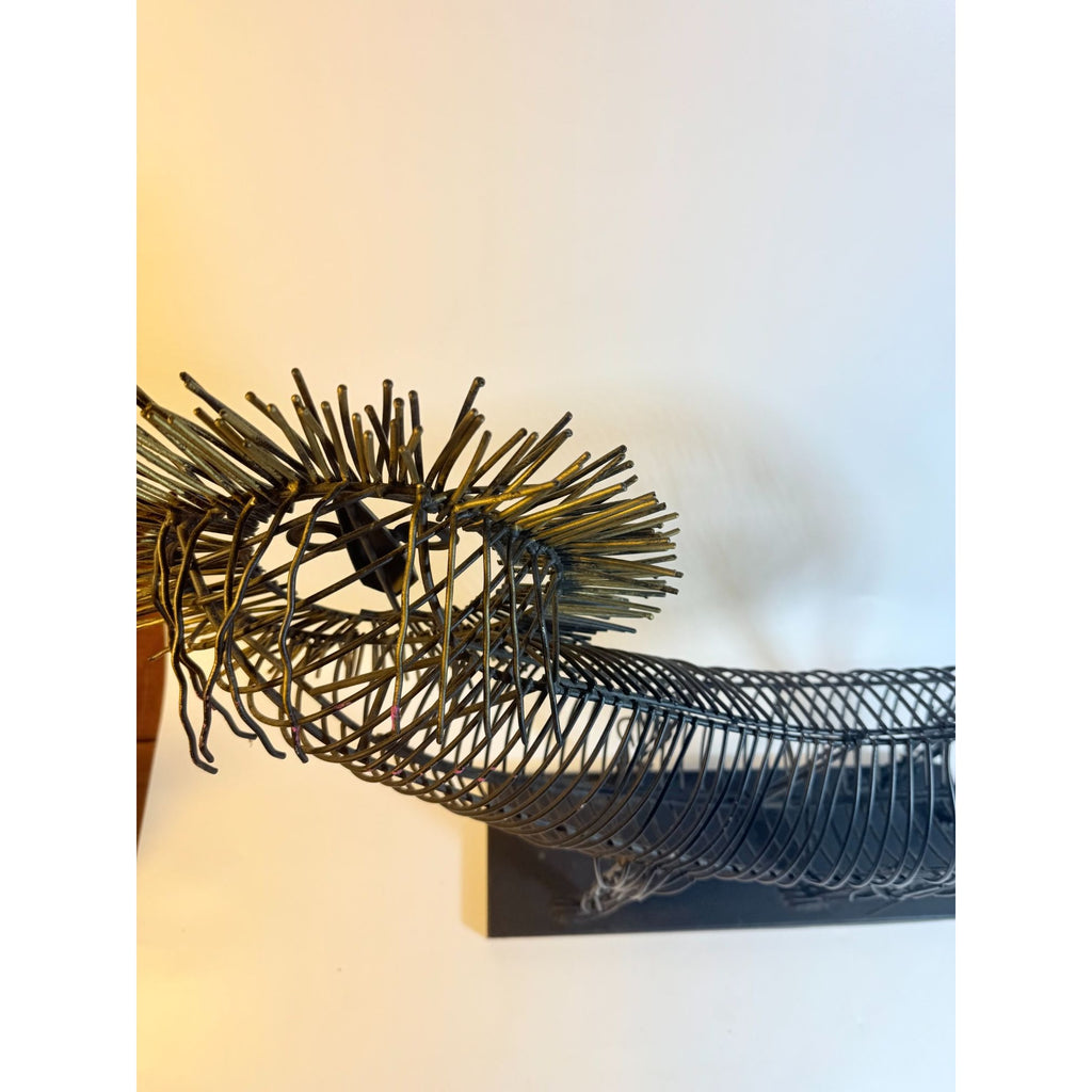 Metal Wire Lion Art Sculpture Curtis Jere Mid Century Style Pier 1 Modernist Statement Home Decor Decorative Accent Black Gold Brutalist