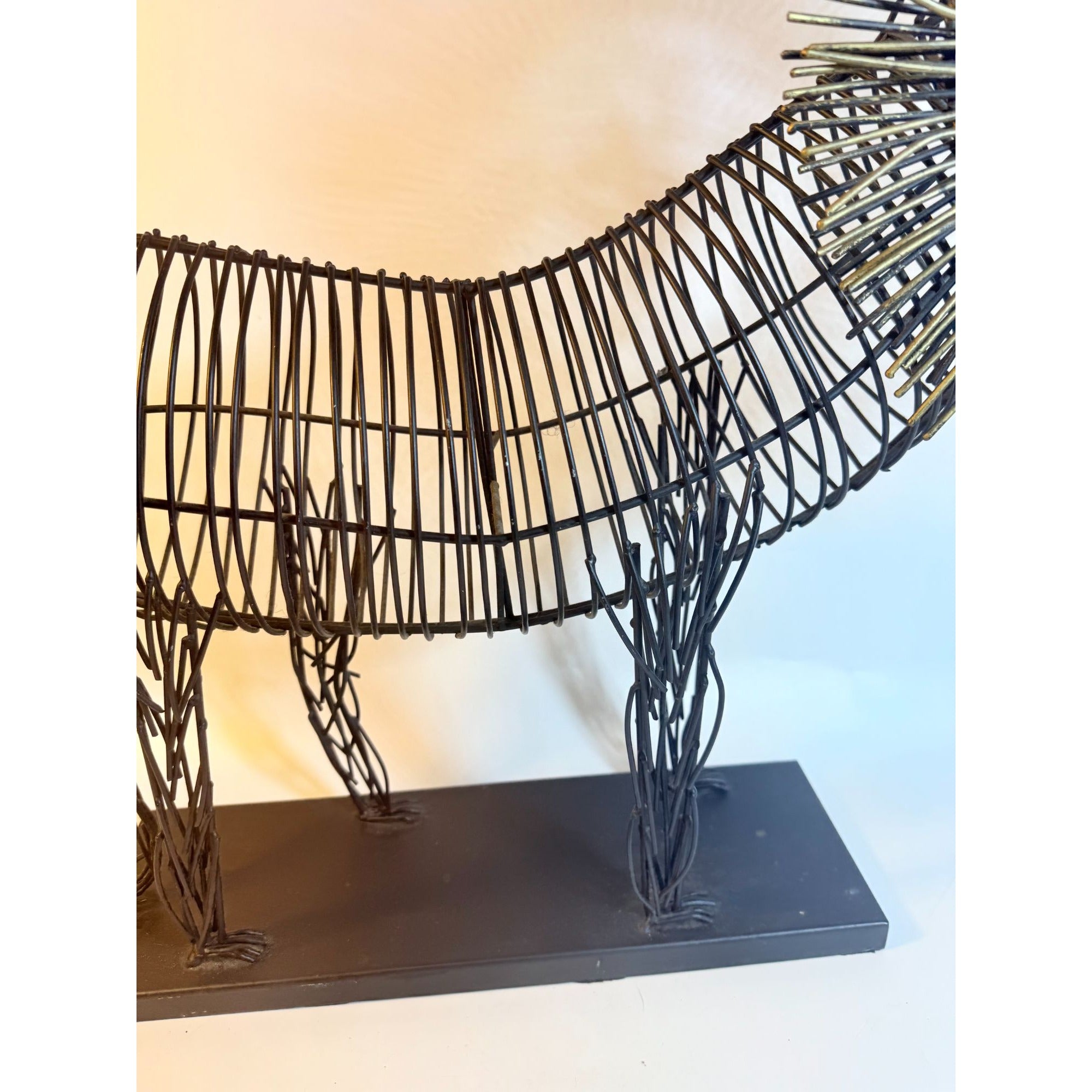 Metal Wire Lion Art Sculpture Curtis Jere Mid Century Style Pier 1 Modernist Statement Home Decor Decorative Accent Black Gold Brutalist
