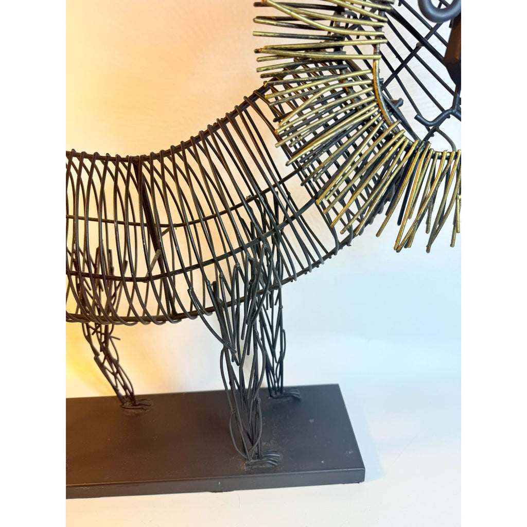Metal Wire Lion Art Sculpture Curtis Jere Mid Century Style Pier 1 Modernist Statement Home Decor Decorative Accent Black Gold Brutalist