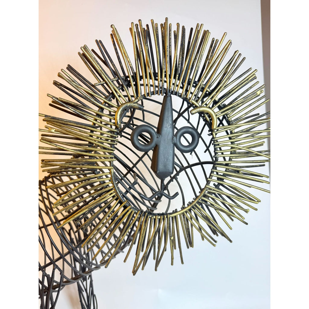 Metal Wire Lion Art Sculpture Curtis Jere Mid Century Style Pier 1 Modernist Statement Home Decor Decorative Accent Black Gold Brutalist