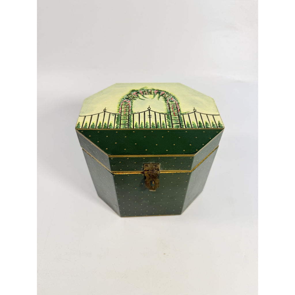 Wooden Keepsake Box Vintage Hand-Painted Garden Gate Flowers Trellis Octagon Wood Storage Box Boudier Dresser Purse Box Spring Cottage