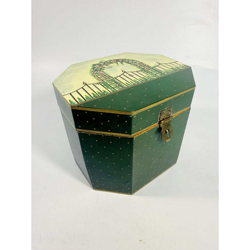 Wooden Keepsake Box Vintage Hand-Painted Garden Gate Flowers Trellis Octagon Wood Storage Box Boudier Dresser Purse Box Spring Cottage