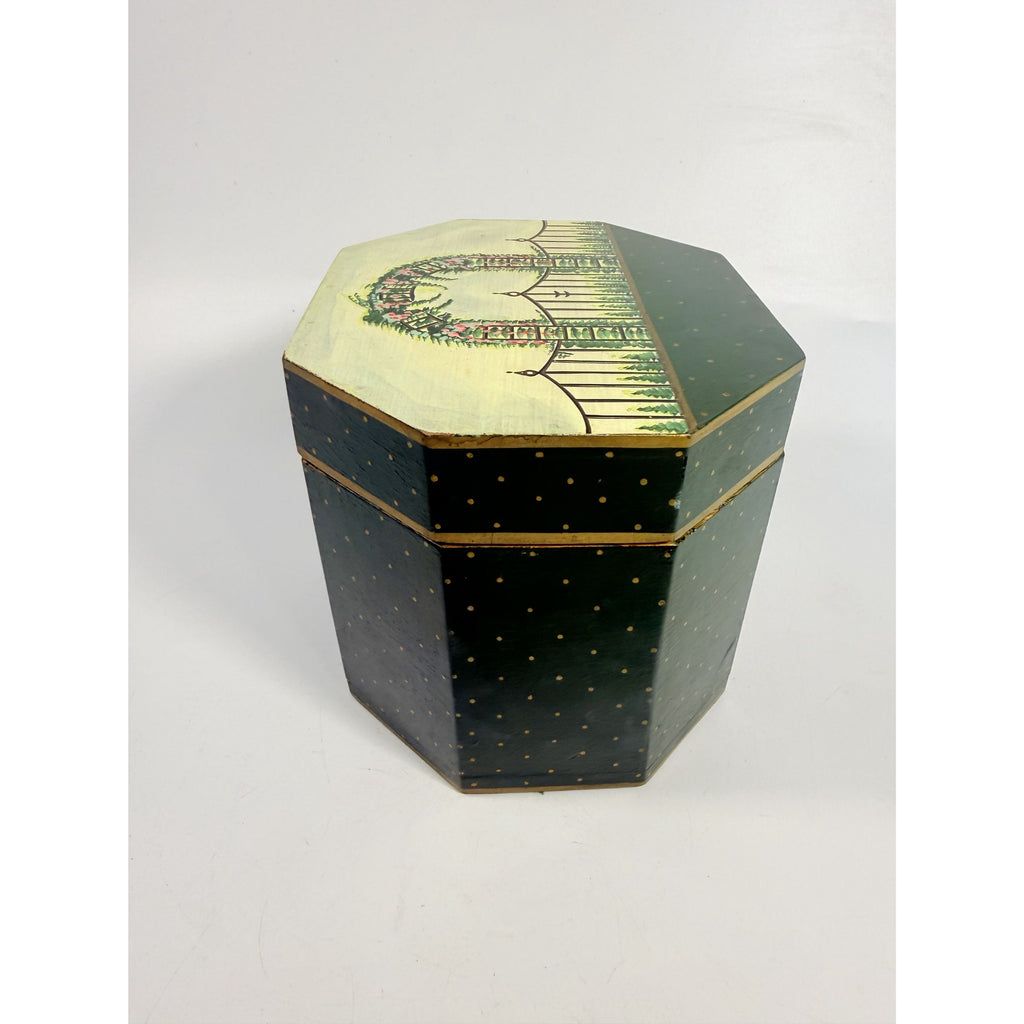 Wooden Keepsake Box Vintage Hand-Painted Garden Gate Flowers Trellis Octagon Wood Storage Box Boudier Dresser Purse Box Spring Cottage