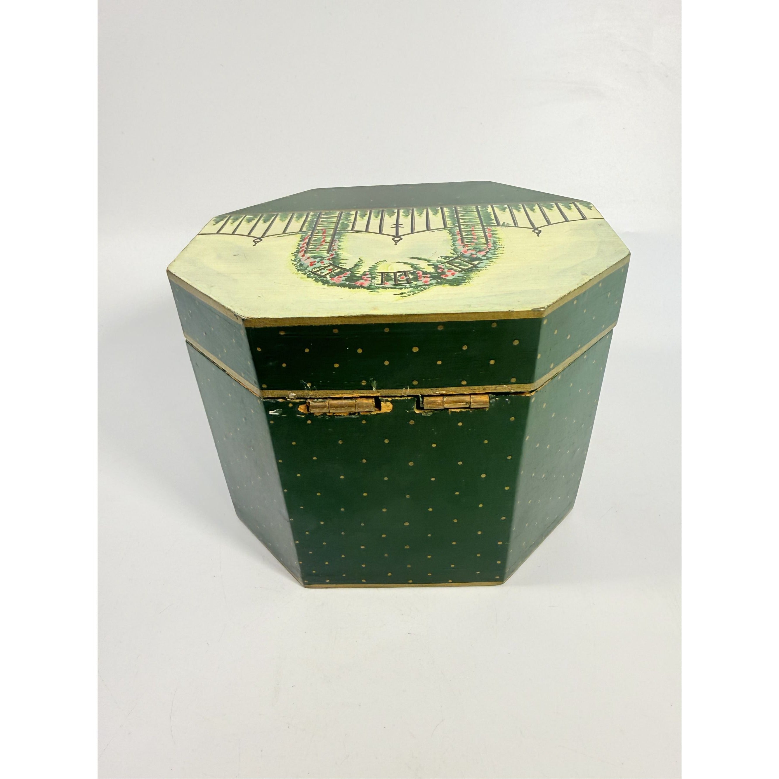 Wooden Keepsake Box Vintage Hand-Painted Garden Gate Flowers Trellis Octagon Wood Storage Box Boudier Dresser Purse Box Spring Cottage