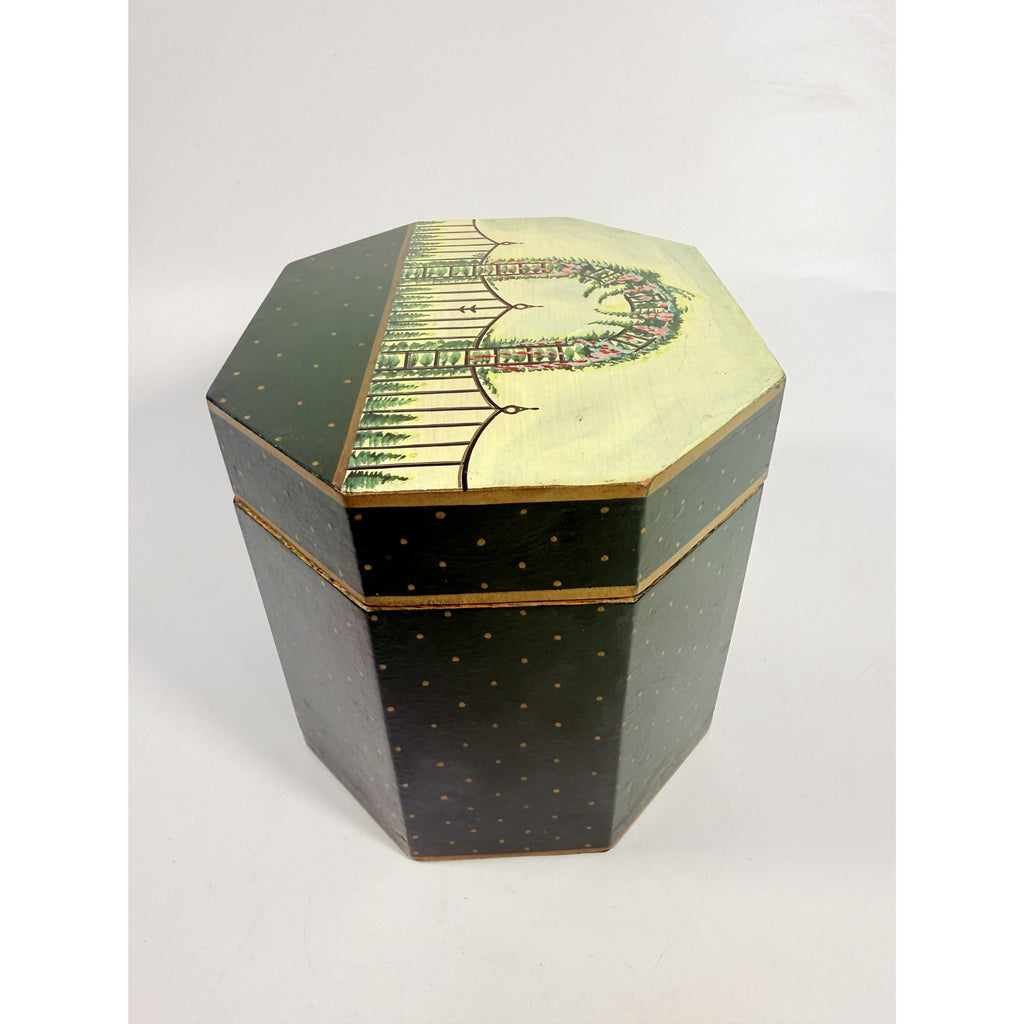 Wooden Keepsake Box Vintage Hand-Painted Garden Gate Flowers Trellis Octagon Wood Storage Box Boudier Dresser Purse Box Spring Cottage