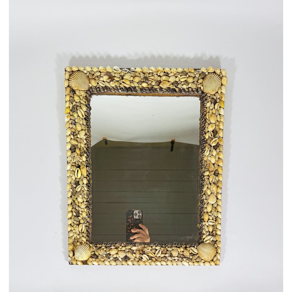 Wall Mirror Shell Encrusted Handmade Velvet Back Coastal Nancy Myers Home Decor Decorative Accents Galley Seashells