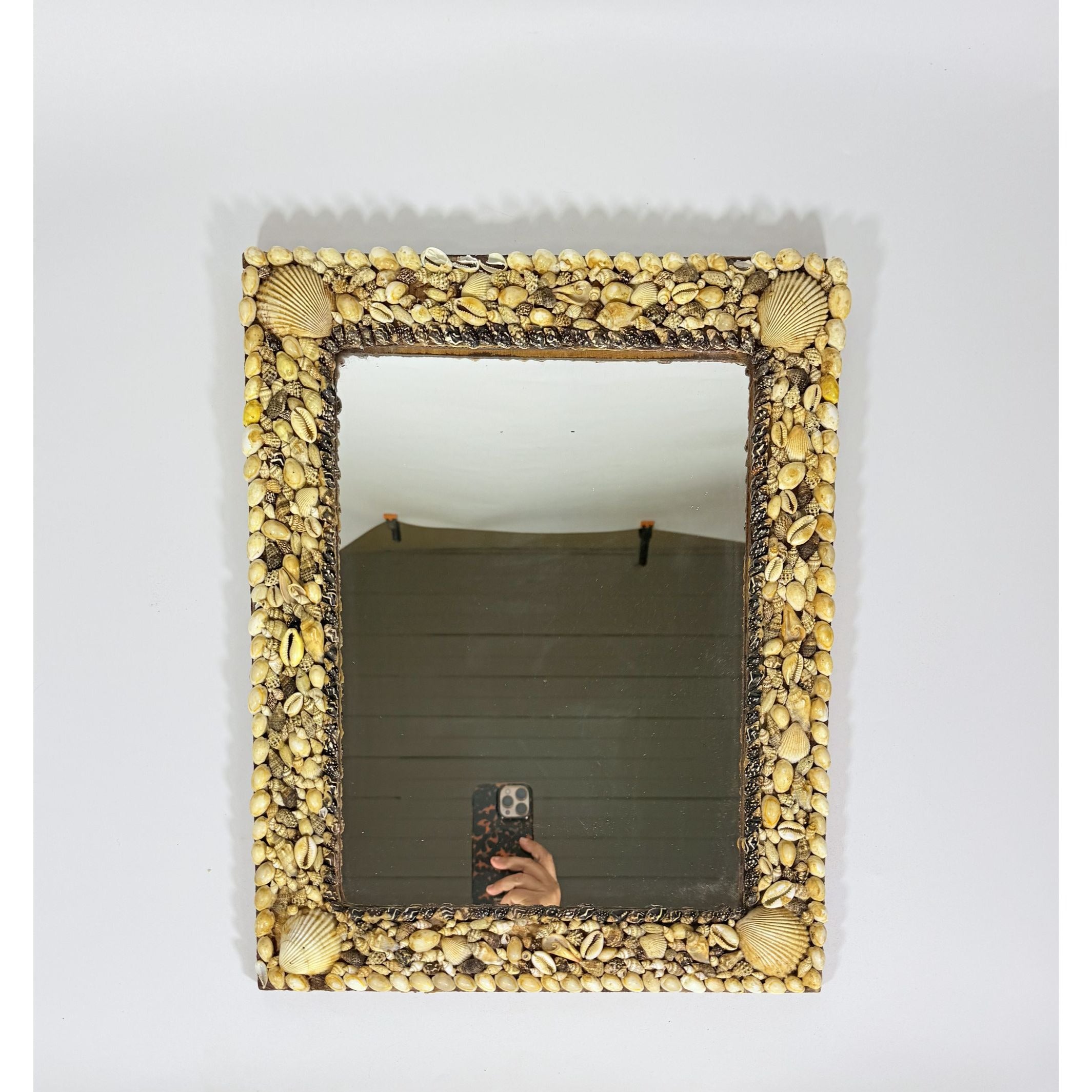 Wall Mirror Shell Encrusted Handmade Velvet Back Coastal Nancy Myers Home Decor Decorative Accents Galley Seashells