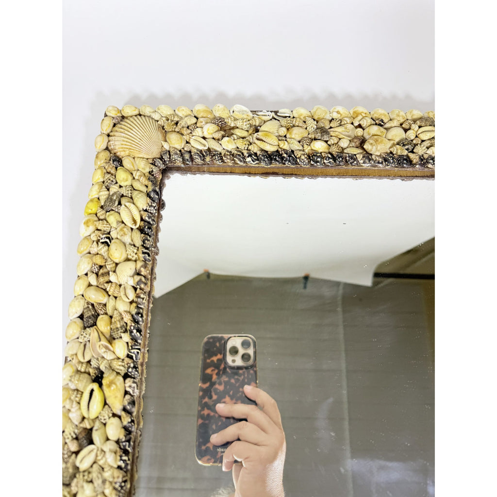 Wall Mirror Shell Encrusted Handmade Velvet Back Coastal Nancy Myers Home Decor Decorative Accents Galley Seashells