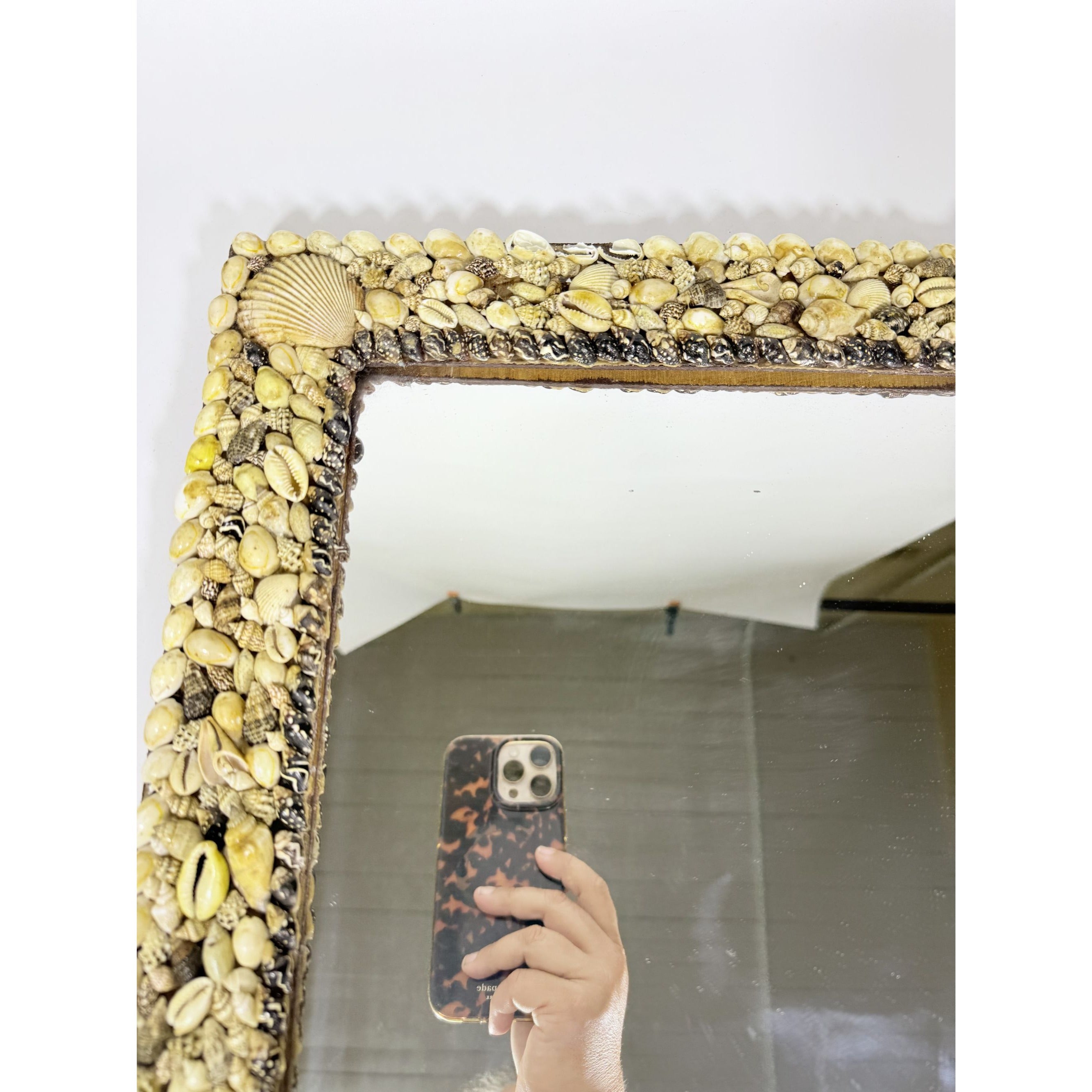 Wall Mirror Shell Encrusted Handmade Velvet Back Coastal Nancy Myers Home Decor Decorative Accents Galley Seashells