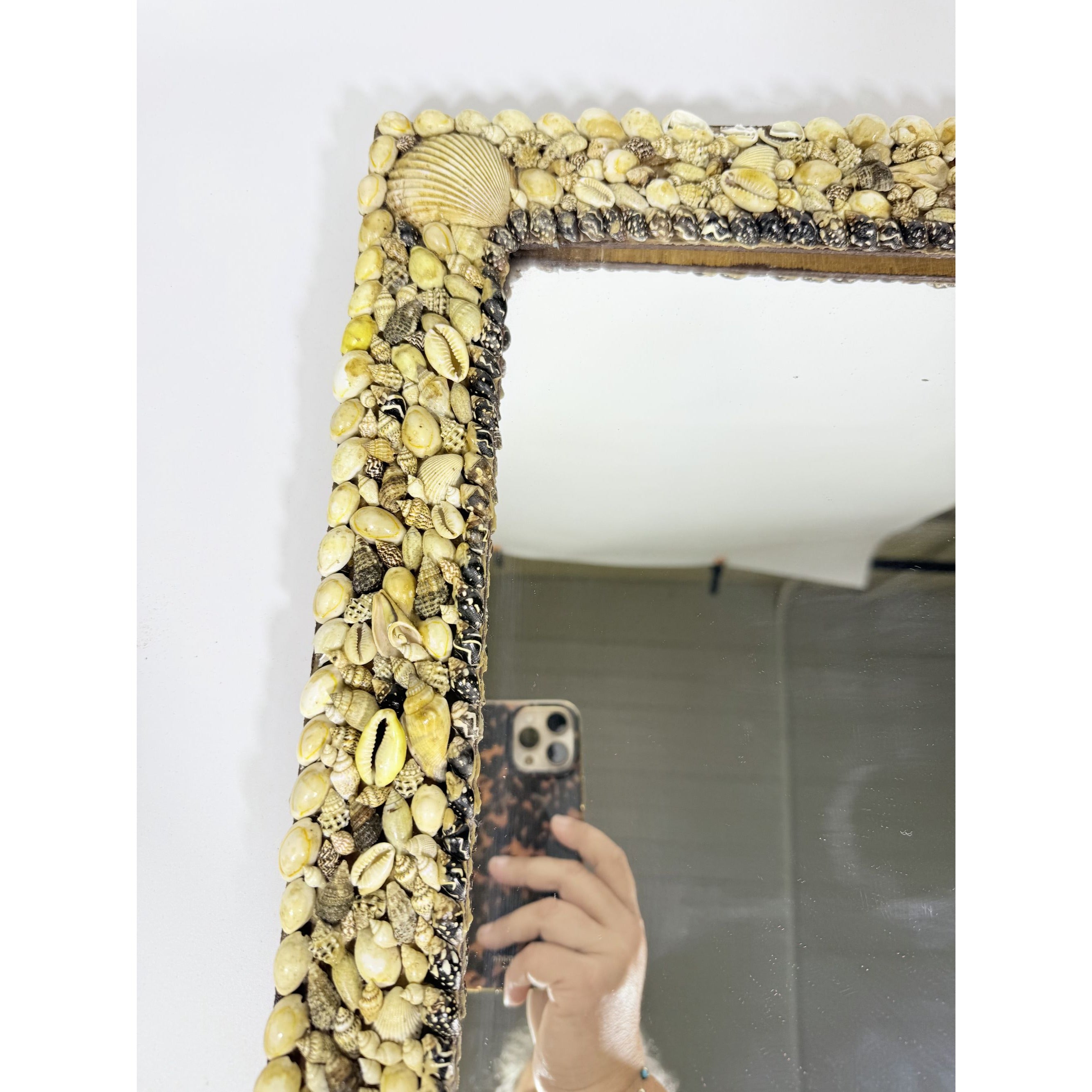 Wall Mirror Shell Encrusted Handmade Velvet Back Coastal Nancy Myers Home Decor Decorative Accents Galley Seashells