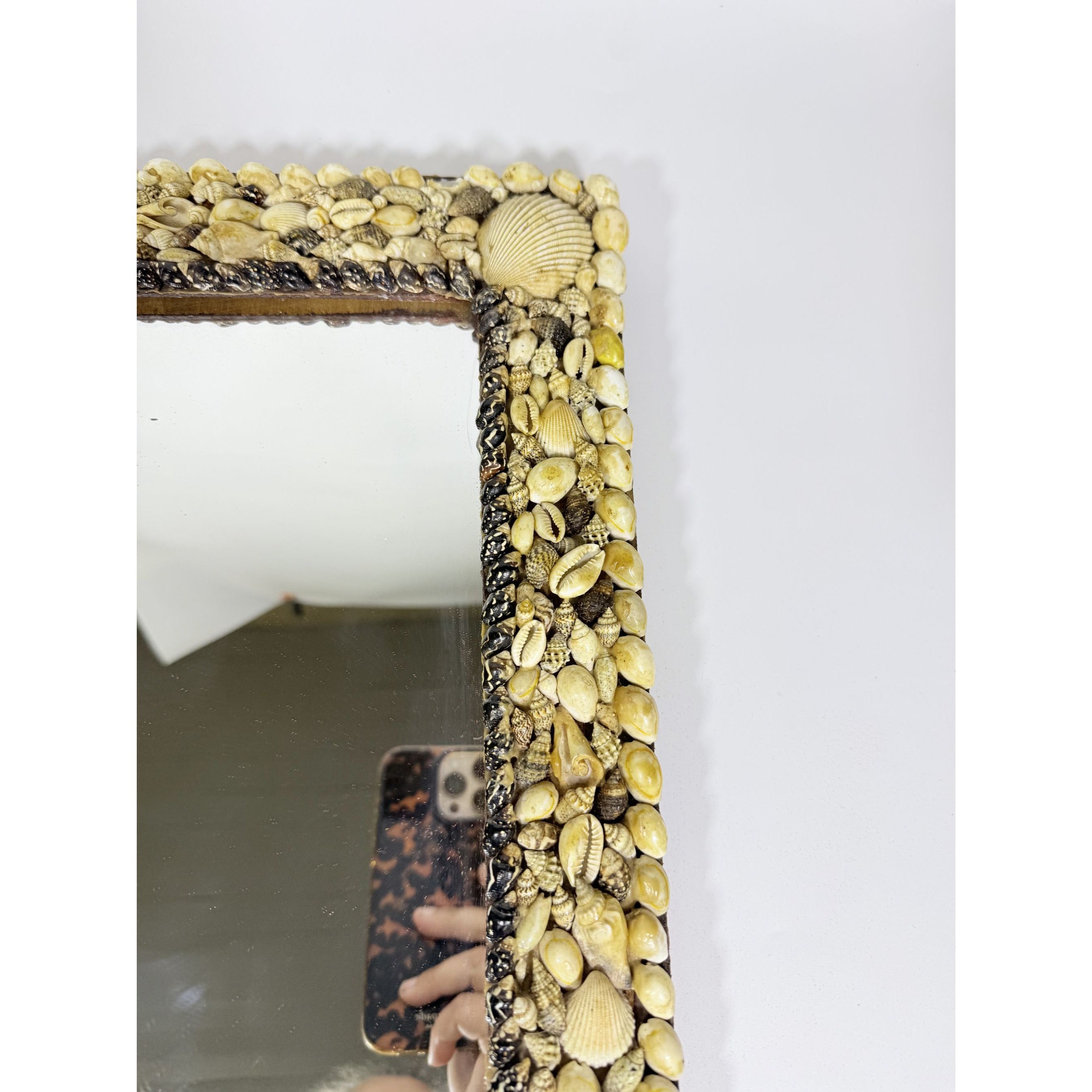 Wall Mirror Shell Encrusted Handmade Velvet Back Coastal Nancy Myers Home Decor Decorative Accents Galley Seashells