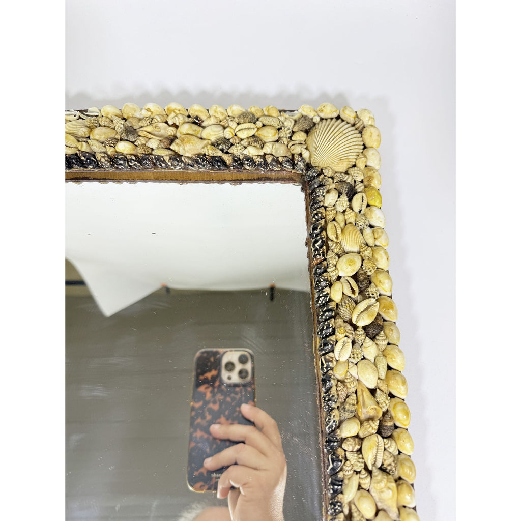 Wall Mirror Shell Encrusted Handmade Velvet Back Coastal Nancy Myers Home Decor Decorative Accents Galley Seashells