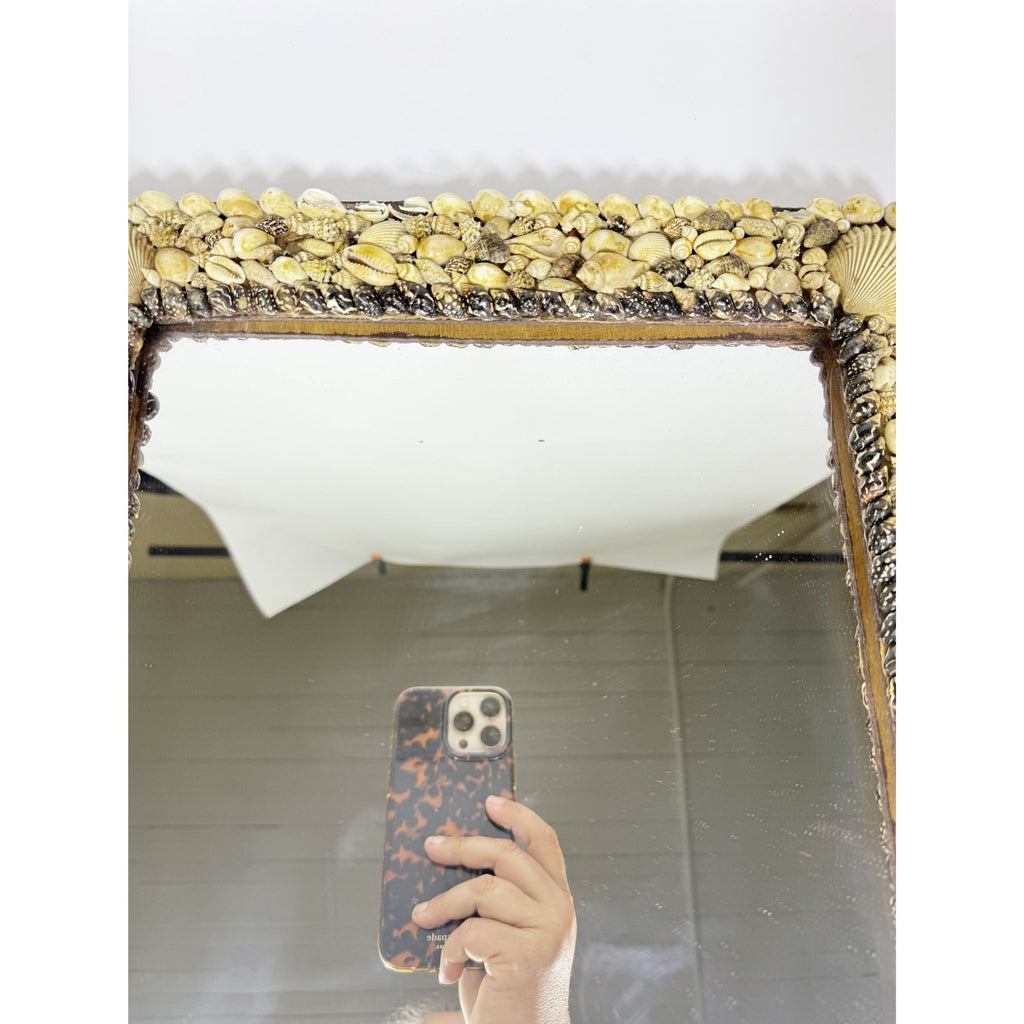Wall Mirror Shell Encrusted Handmade Velvet Back Coastal Nancy Myers Home Decor Decorative Accents Galley Seashells