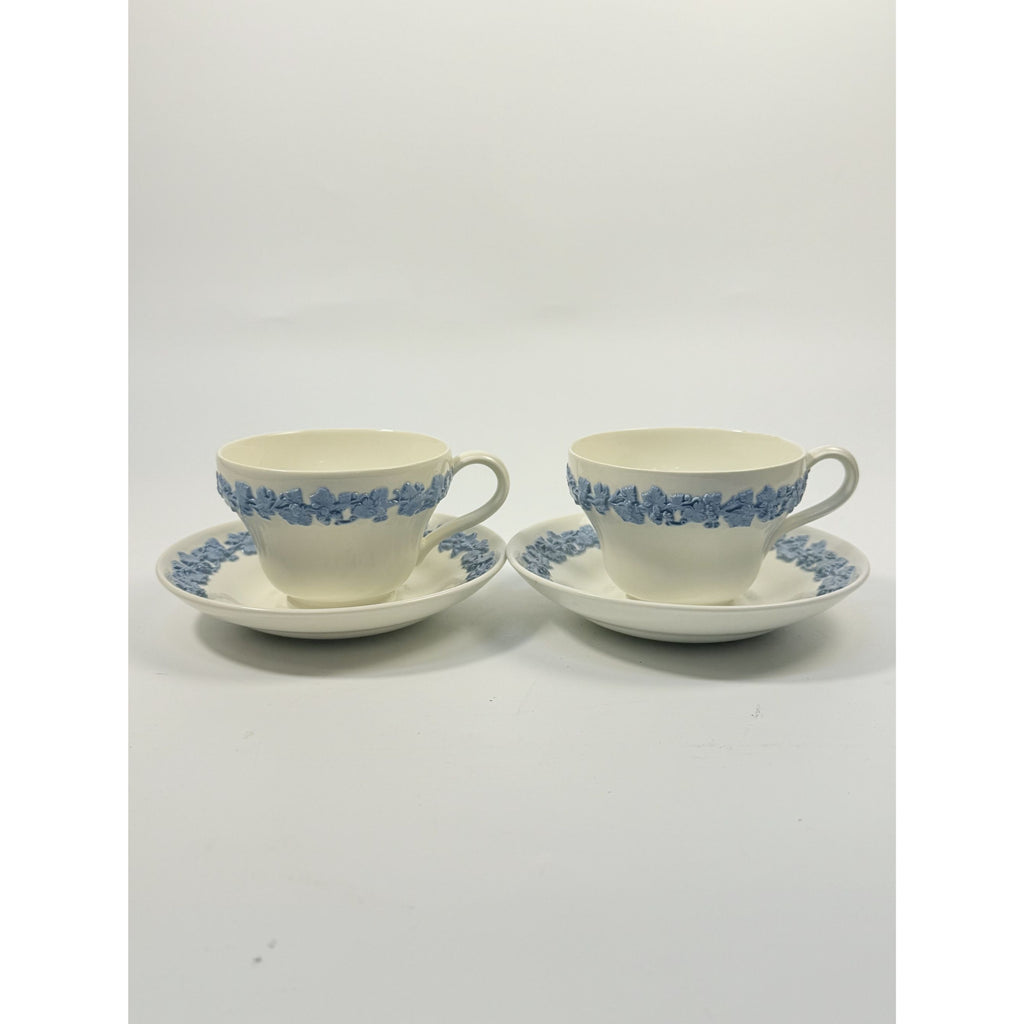 Cup and Saucer Tea Coffee Wedgwood Set Pair 2 Etruria & Barlaston Embossed Queensware White Blue Vintage Replacement China Grandmillennial