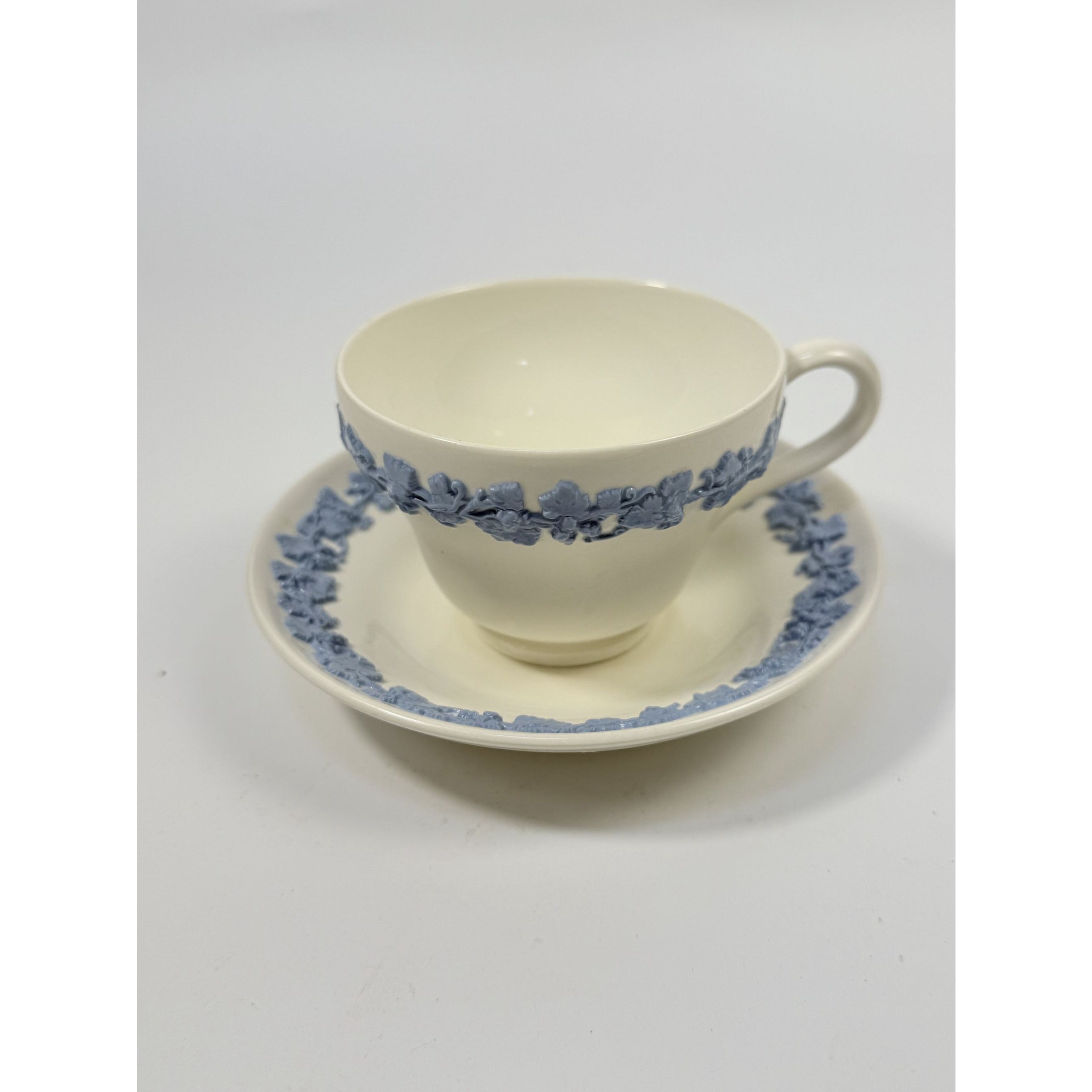 Cup and Saucer Tea Coffee Wedgwood Set Pair 2 Etruria & Barlaston Embossed Queensware White Blue Vintage Replacement China Grandmillennial
