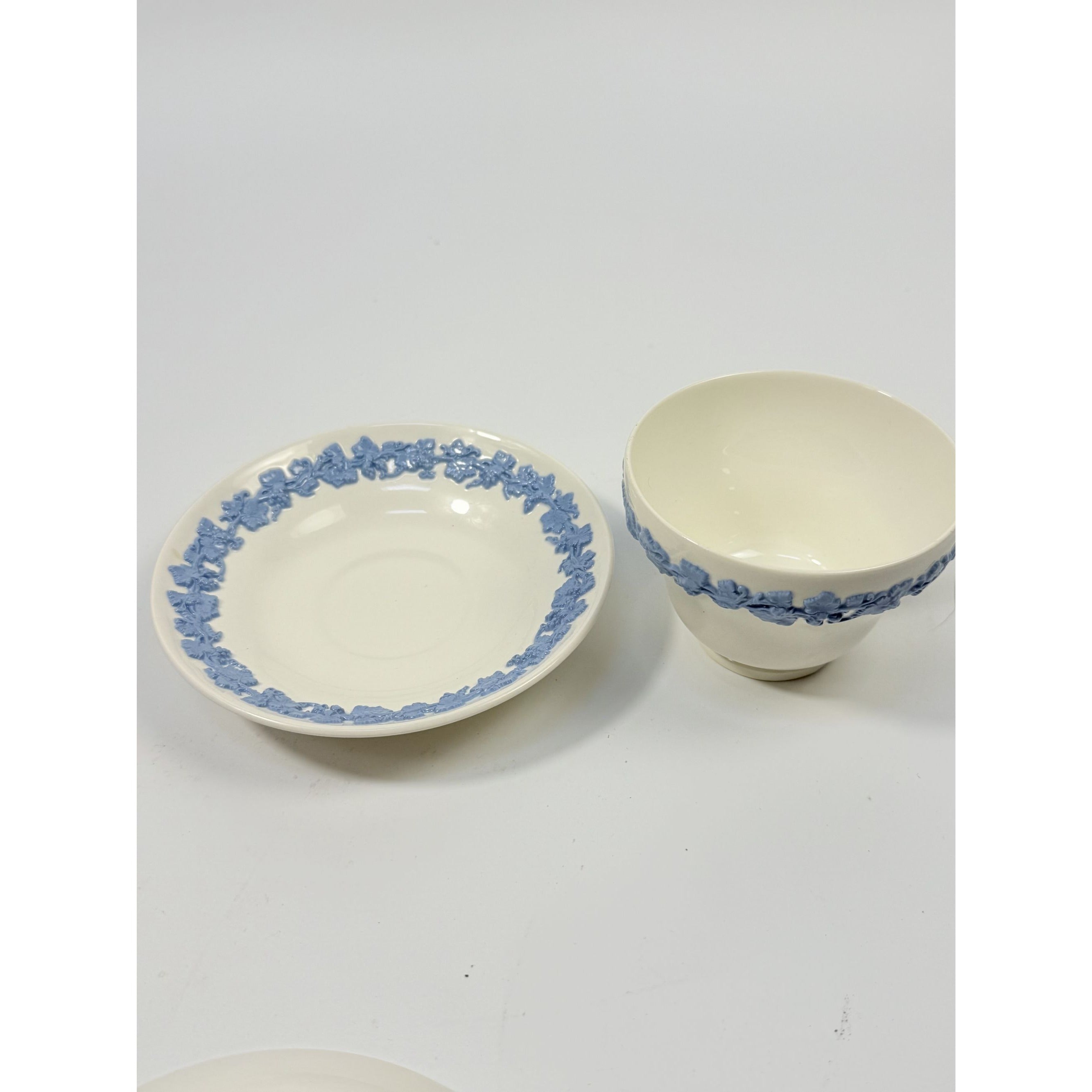 Cup and Saucer Tea Coffee Wedgwood Set Pair 2 Etruria & Barlaston Embossed Queensware White Blue Vintage Replacement China Grandmillennial