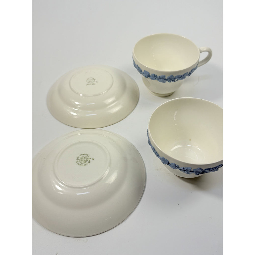 Cup and Saucer Tea Coffee Wedgwood Set Pair 2 Etruria & Barlaston Embossed Queensware White Blue Vintage Replacement China Grandmillennial