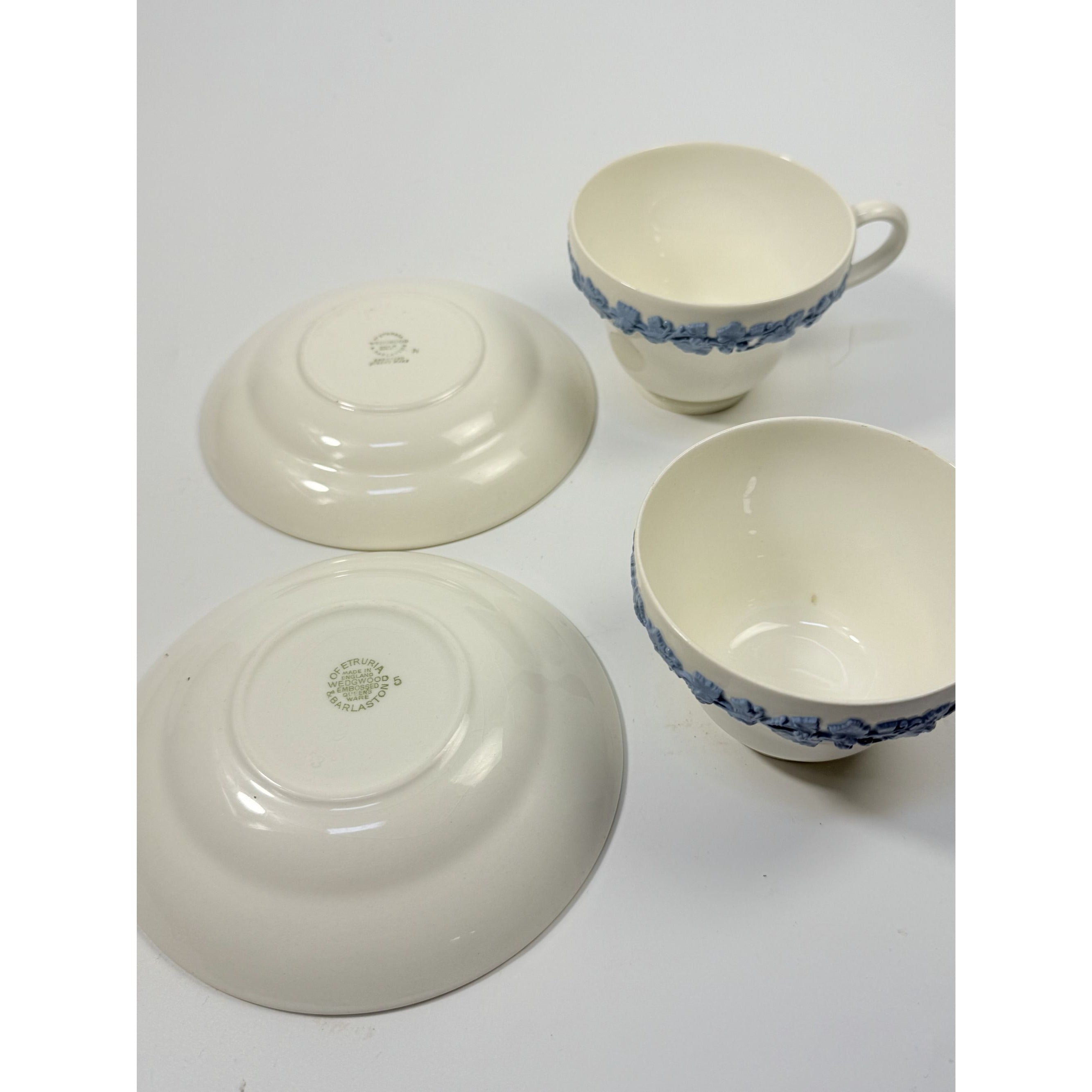 Cup and Saucer Tea Coffee Wedgwood Set Pair 2 Etruria & Barlaston Embossed Queensware White Blue Vintage Replacement China Grandmillennial