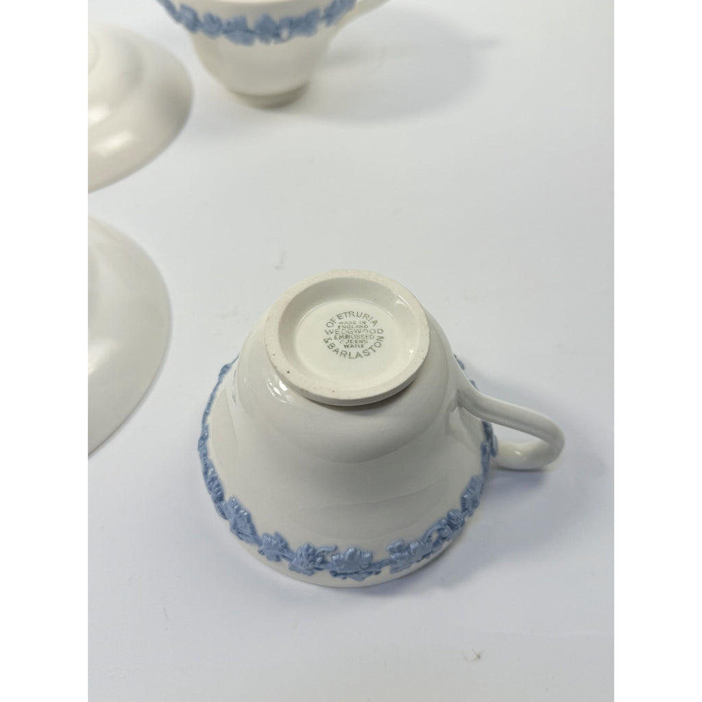 Cup and Saucer Tea Coffee Wedgwood Set Pair 2 Etruria & Barlaston Embossed Queensware White Blue Vintage Replacement China Grandmillennial