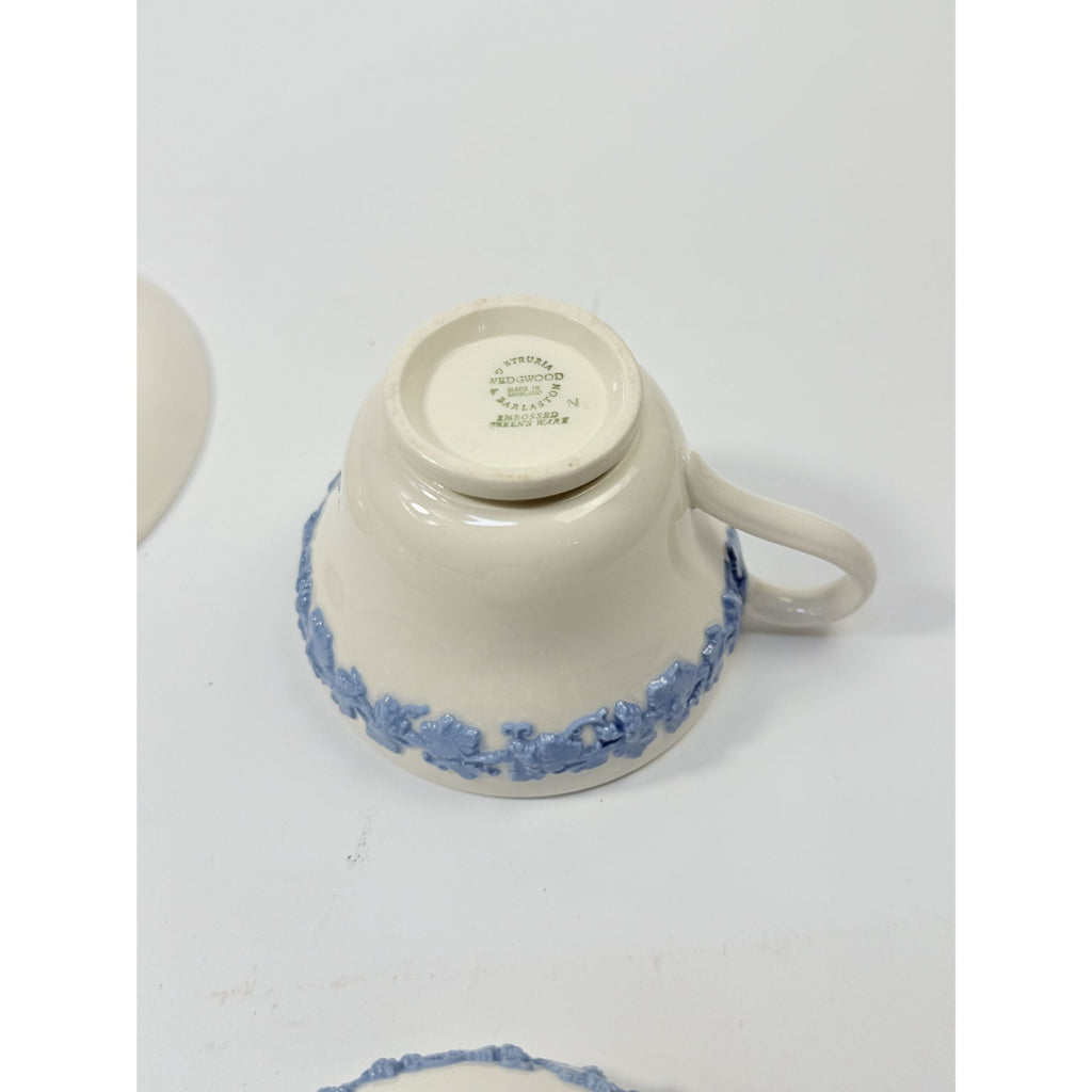 Cup and Saucer Tea Coffee Wedgwood Set Pair 2 Etruria & Barlaston Embossed Queensware White Blue Vintage Replacement China Grandmillennial