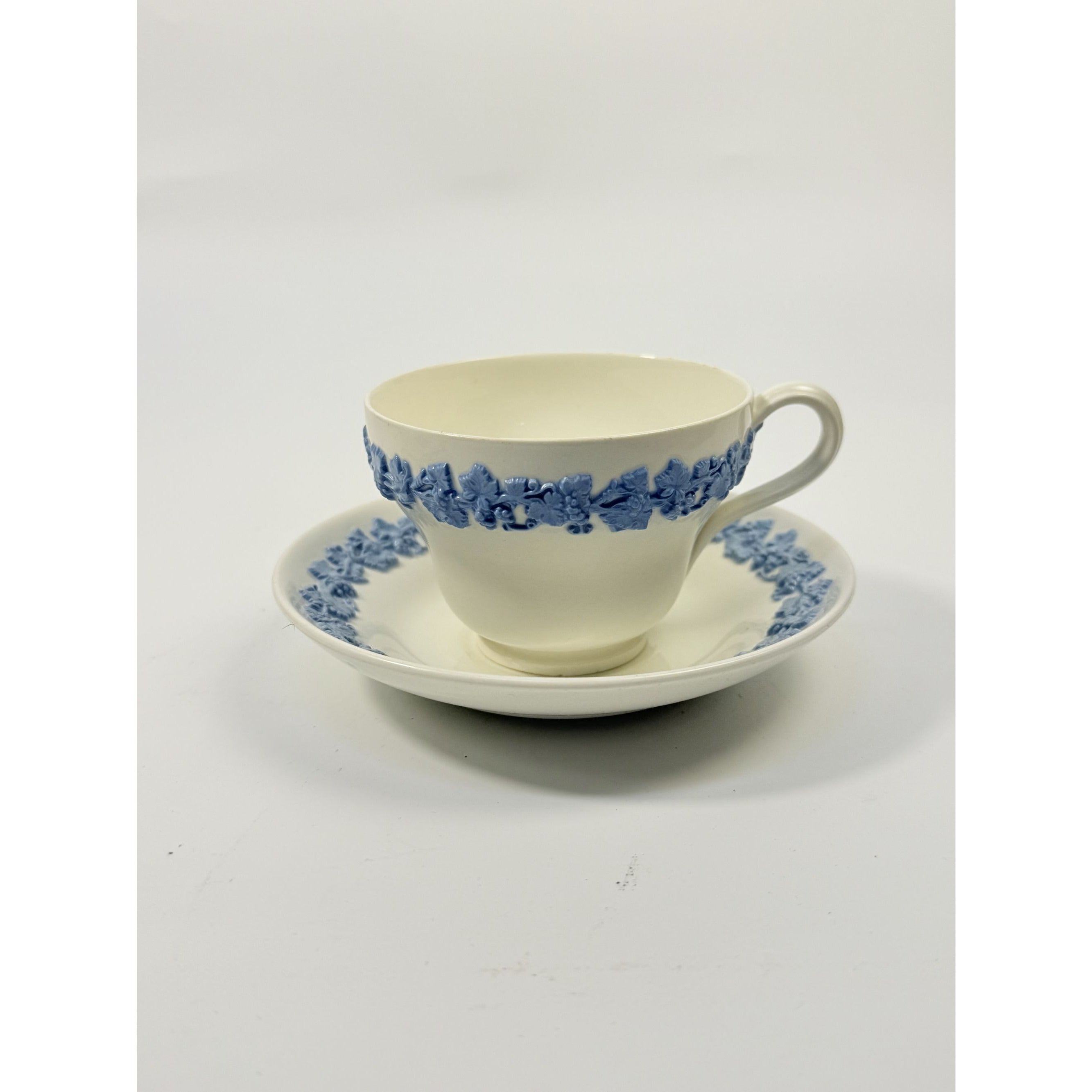 Cup and Saucer Tea Coffee Wedgwood Set Pair 2 Etruria & Barlaston Embossed Queensware White Blue Vintage Replacement China Grandmillennial