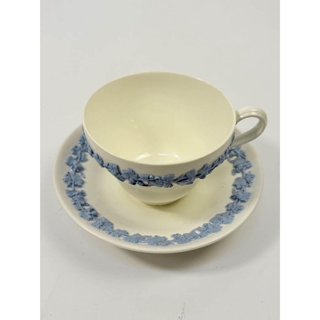 Cup and Saucer Tea Coffee Wedgwood Set Pair 2 Etruria & Barlaston Embossed Queensware White Blue Vintage Replacement China Grandmillennial