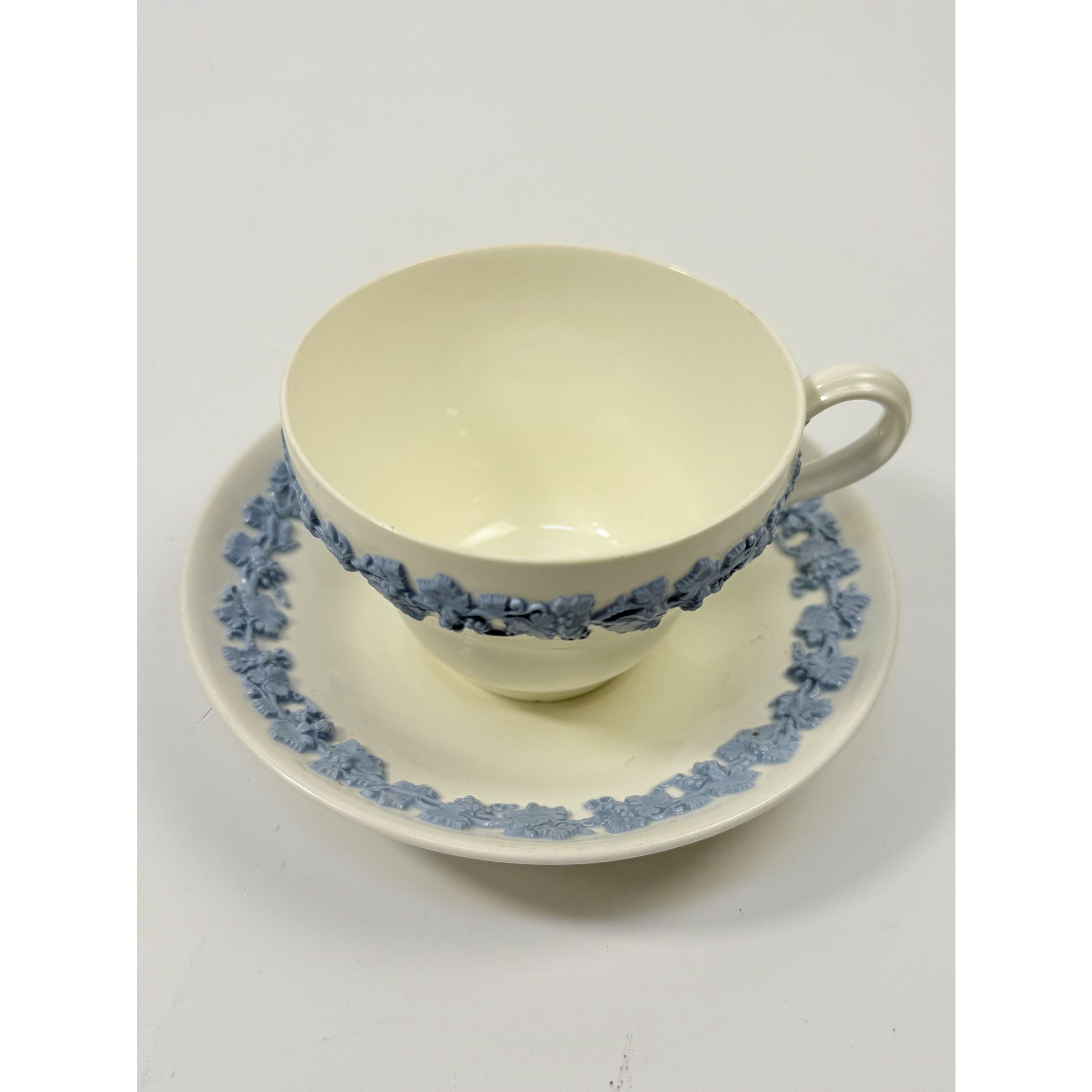 Cup and Saucer Tea Coffee Wedgwood Set Pair 2 Etruria & Barlaston Embossed Queensware White Blue Vintage Replacement China Grandmillennial