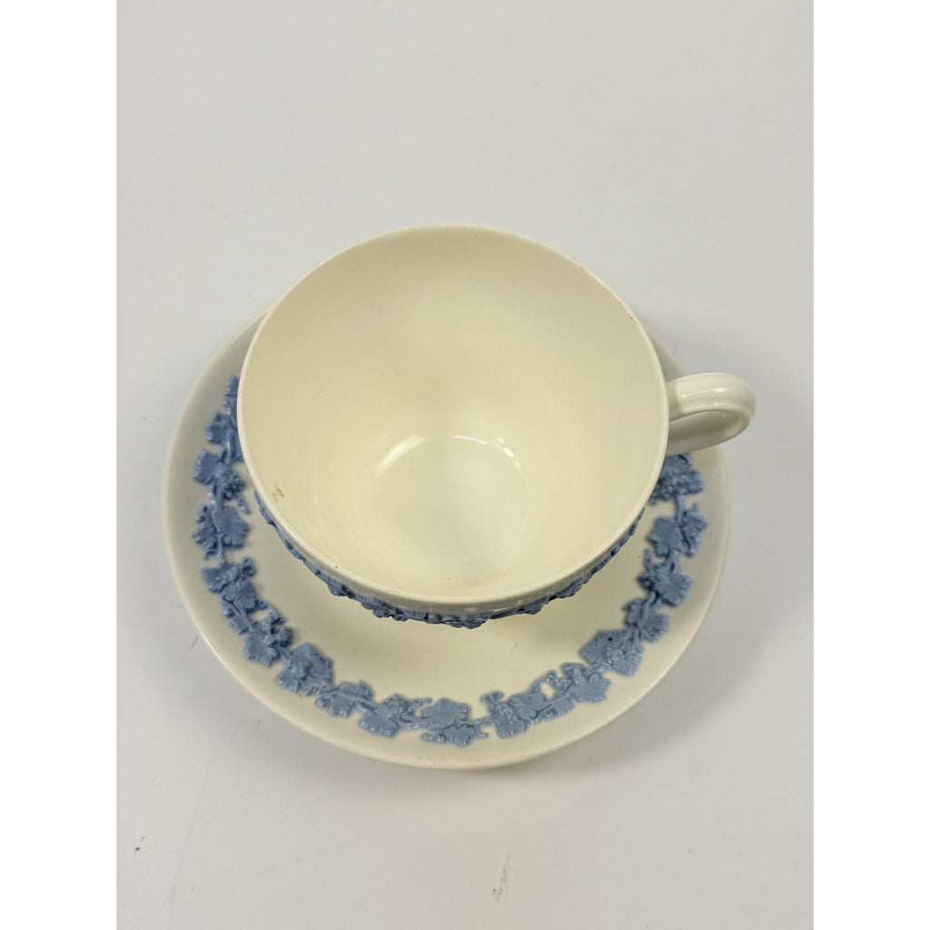 Cup and Saucer Tea Coffee Wedgwood Set Pair 2 Etruria & Barlaston Embossed Queensware White Blue Vintage Replacement China Grandmillennial