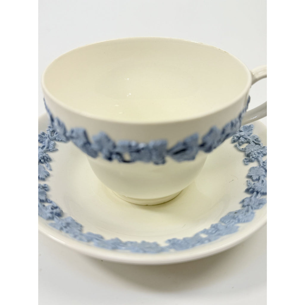 Cup and Saucer Tea Coffee Wedgwood Set Pair 2 Etruria & Barlaston Embossed Queensware White Blue Vintage Replacement China Grandmillennial