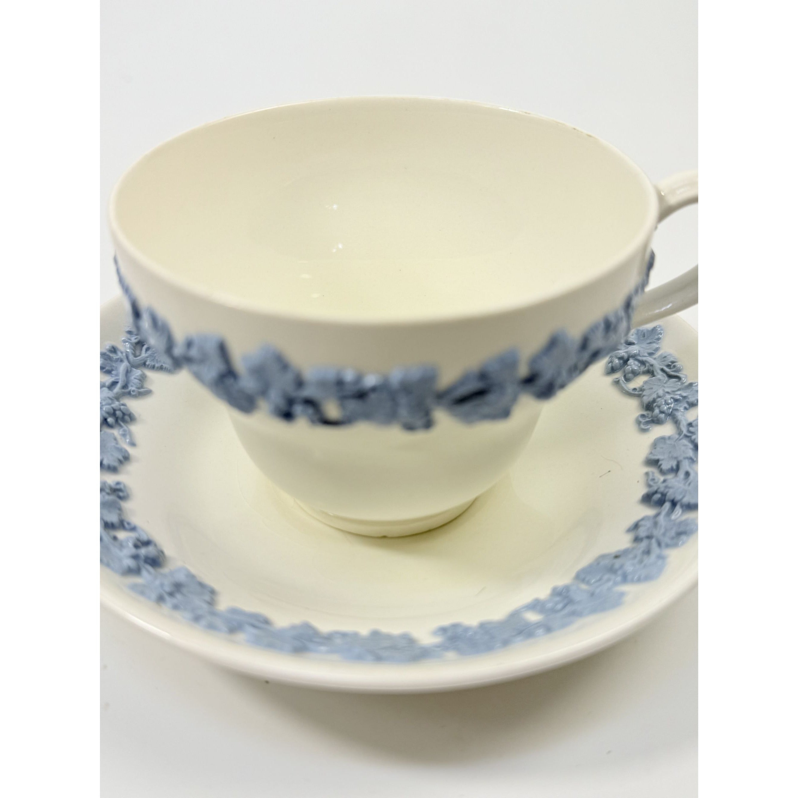 Cup and Saucer Tea Coffee Wedgwood Set Pair 2 Etruria & Barlaston Embossed Queensware White Blue Vintage Replacement China Grandmillennial