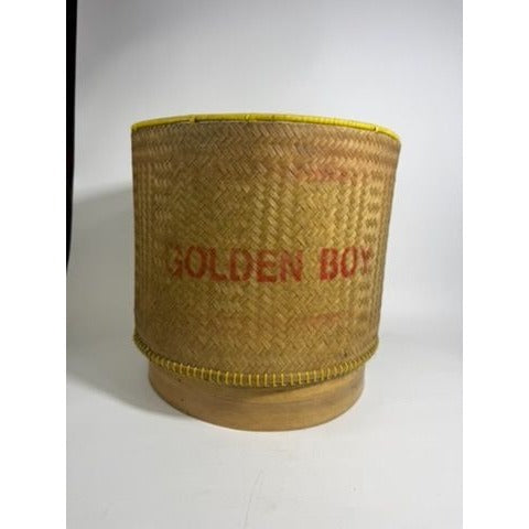 Large Bamboo Wicker Basket with Lid Kratip Sticky Rice Golden Boy Stamped Hand Woven Handled Storage Basket Asian Thai Cookware Kitchen Home