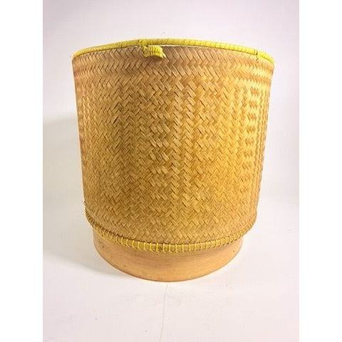 Large Bamboo Wicker Basket with Lid Kratip Sticky Rice Golden Boy Stamped Hand Woven Handled Storage Basket Asian Thai Cookware Kitchen Home