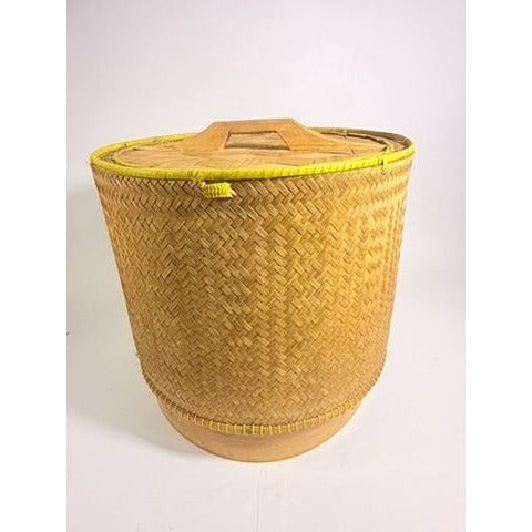 Large Bamboo Wicker Basket with Lid Kratip Sticky Rice Golden Boy Stamped Hand Woven Handled Storage Basket Asian Thai Cookware Kitchen Home