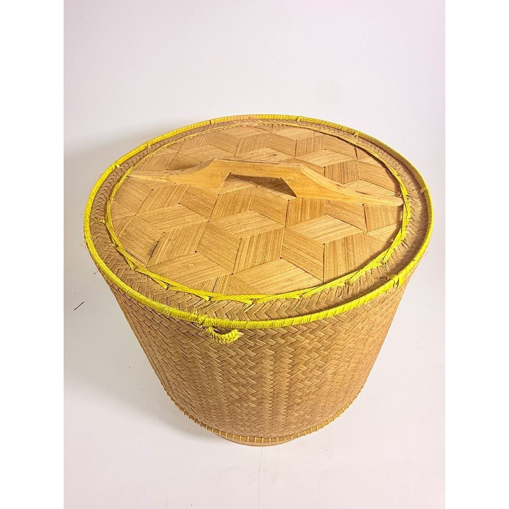 Large Bamboo Wicker Basket with Lid Kratip Sticky Rice Golden Boy Stamped Hand Woven Handled Storage Basket Asian Thai Cookware Kitchen Home
