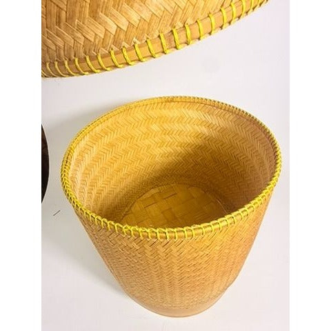 Large Bamboo Wicker Basket with Lid Kratip Sticky Rice Golden Boy Stamped Hand Woven Handled Storage Basket Asian Thai Cookware Kitchen Home