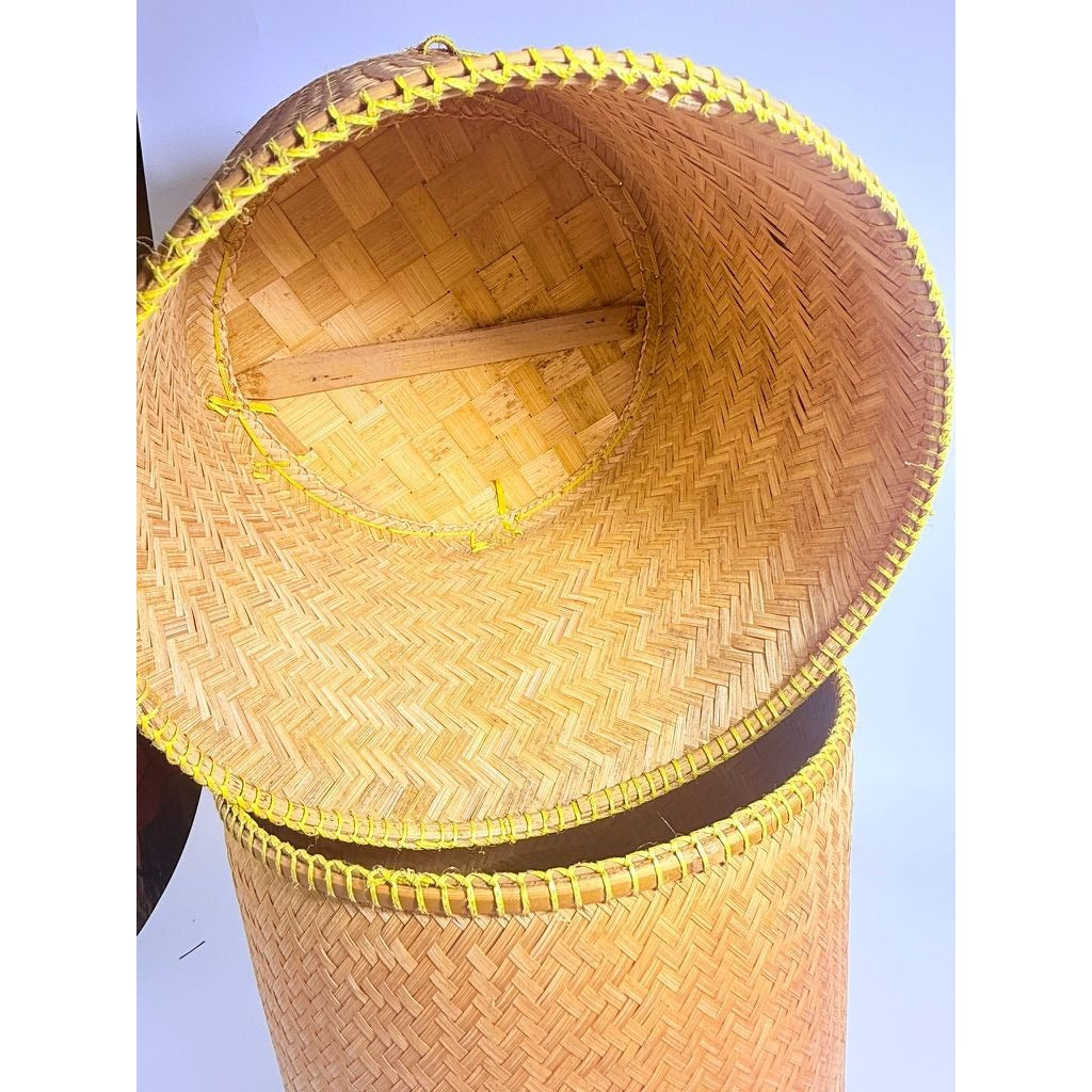 Large Bamboo Wicker Basket with Lid Kratip Sticky Rice Golden Boy Stamped Hand Woven Handled Storage Basket Asian Thai Cookware Kitchen Home