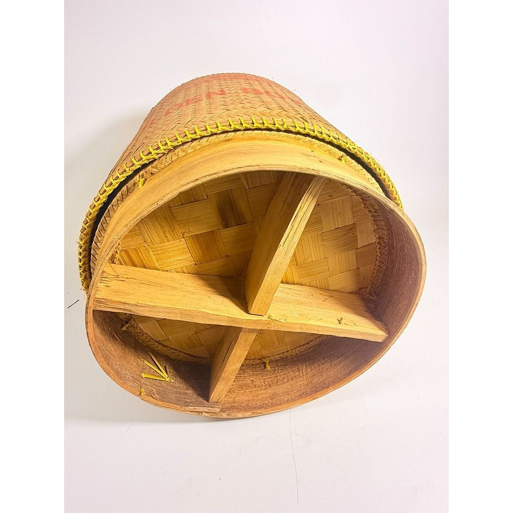 Large Bamboo Wicker Basket with Lid Kratip Sticky Rice Golden Boy Stamped Hand Woven Handled Storage Basket Asian Thai Cookware Kitchen Home