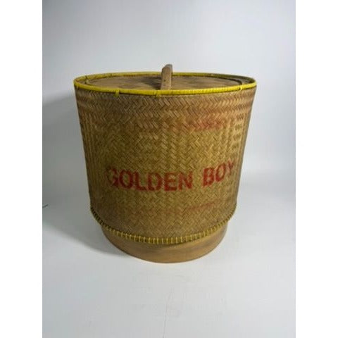 Large Bamboo Wicker Basket with Lid Kratip Sticky Rice Golden Boy Stamped Hand Woven Handled Storage Basket Asian Thai Cookware Kitchen Home