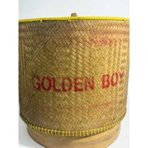 Large Bamboo Wicker Basket with Lid Kratip Sticky Rice Golden Boy Stamped Hand Woven Handled Storage Basket Asian Thai Cookware Kitchen Home