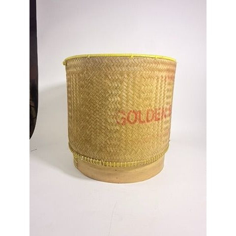 Large Bamboo Wicker Basket with Lid Kratip Sticky Rice Golden Boy Stamped Hand Woven Handled Storage Basket Asian Thai Cookware Kitchen Home